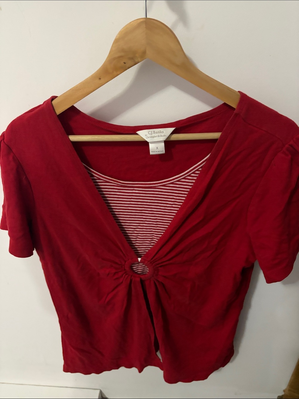 CJ Banks Red Short-Sleeve Ring-Front Top with Striped Inset